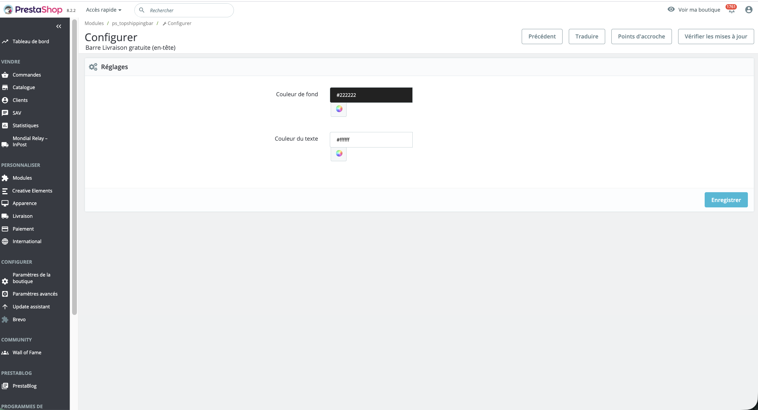Capture de la partie back-office prestashop pour le module ps_topshippingbar